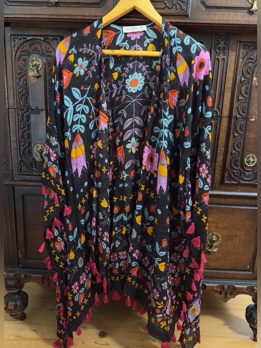 NATURAL LIFE Black Floral Tassel Kimono - Pink, Turquoise, Orange, Yellow